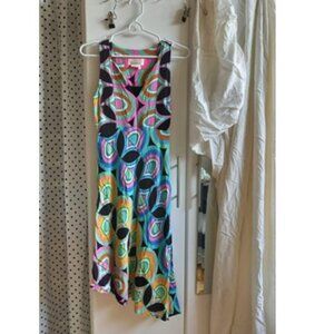 anthropologie asymmetric midi multicolor printed dress